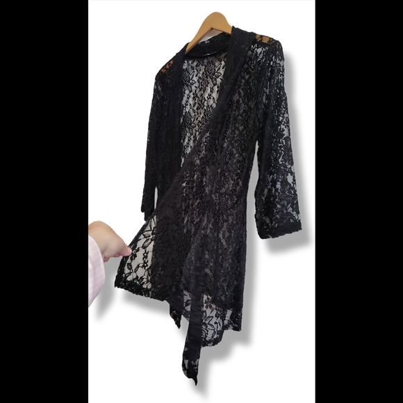 🌿Double Take Black Sheer Lace Cardigan Open Front 3/4 Sleeve Med/Lg Like New - Picture 8 of 12